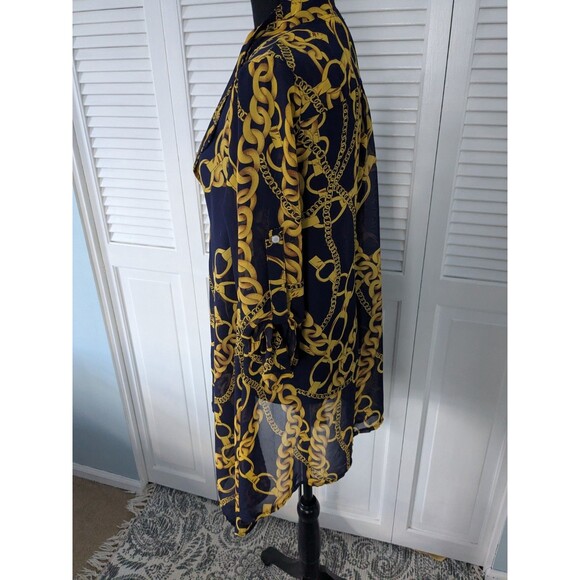 Feratelli Tunic Top Womens S Flowy Navy Status Print Sheer Moto Zip RollTab Glam - Picture 4 of 13